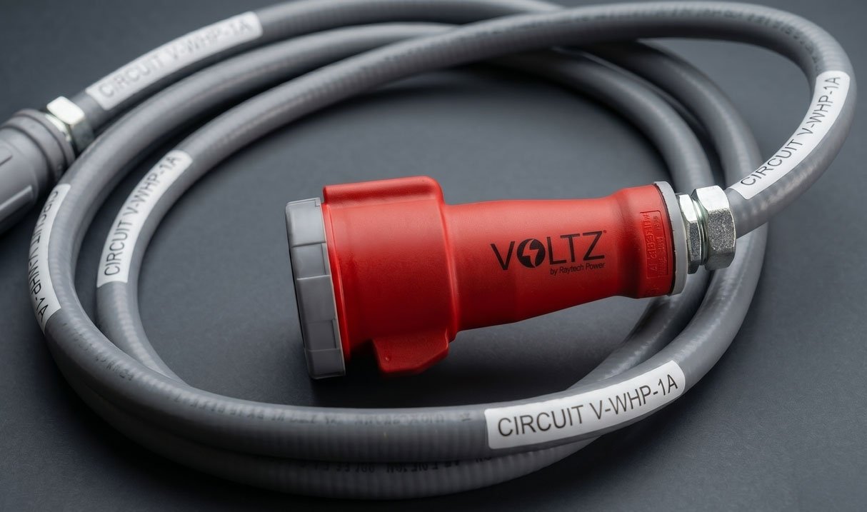 Data center aisle with Voltz PowerWhips routing
