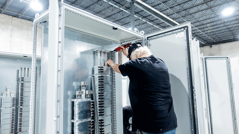 Close-up of busbars and terminations showing robust input capacity from 250A to 1200A